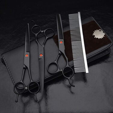 Набір професійних ножиць для грумінгу собак, 18 см (7 дюймів). Включає 2 ножиці для стрижки, ножиці для розрідження та гребінець. Підходить для грумінгу обличчя, шиї, носа та лап собак та котів. Чорний колір.