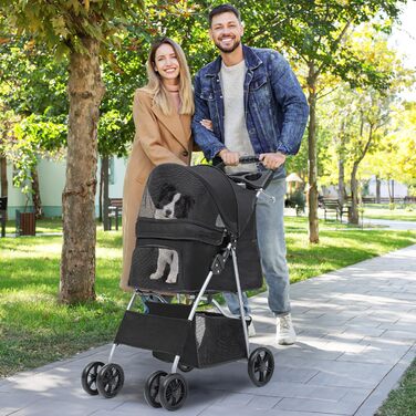 Візок для собак YITAHOME, середній розмір, 4 колеса, з кошиком для зберігання, складаний, з тримачем для напоїв (чорний, без дощового покриття)