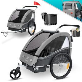 Дитячий велопричіп KESSER Sport-RX 2в1 (велосипедний/коляска) для 1-2 дітей, до 40 кг, з 5-точ. ременями безпеки, 360° обертання, тримач для напоїв та смартфона, сірий