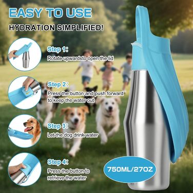 Водяна пляшка для собак на прогулянці - витокозахисна, з нержавіючої сталі, подвійні стінки, вакуумна ізоляція, 750 мл (Блакитна)