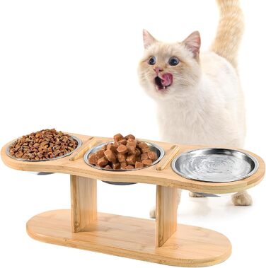 Підвищена годівниця для котів LEKEFETO з 3 мисками з нержавіючої сталі, регульована висота, дерев'яний підставник, годівниця та миска для води для котів та маленьких собак