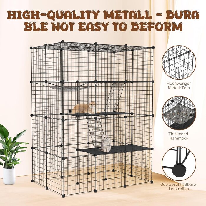 Металевий вольєр для котів UISEBRT для вулиці та дому, 3-ярусний, з піддоном, 2 сходами та 3 дверцятами, DIY вольєр для тренувань, відпочинку або як зовнішній вольєр (4 рівні)