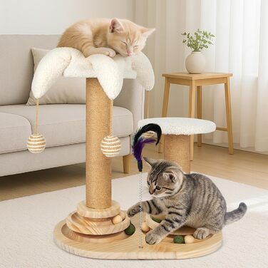 Інтерактивна іграшка для котів 6 в 1, дерев'яні котячі меблі з підвісними кульками, пір'ями, поворотним шариком, котячий когтетоп з сизалю та джуту для кошенят та середніх котів, зелений (білий)