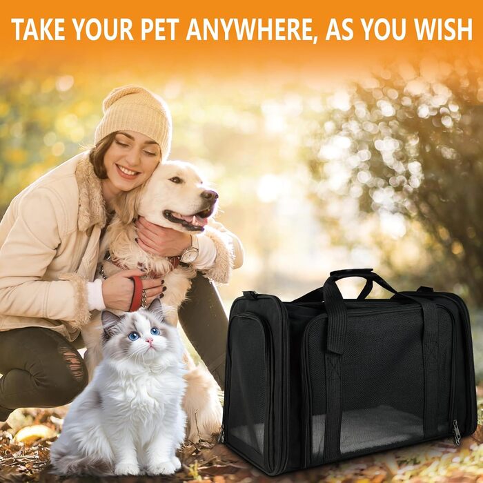 Транспортна сумка для тварин: складана переноска для кота та собаки, легка переноска з плечовим ременем, дихаюча переноска для подорожей та авто (чорна)