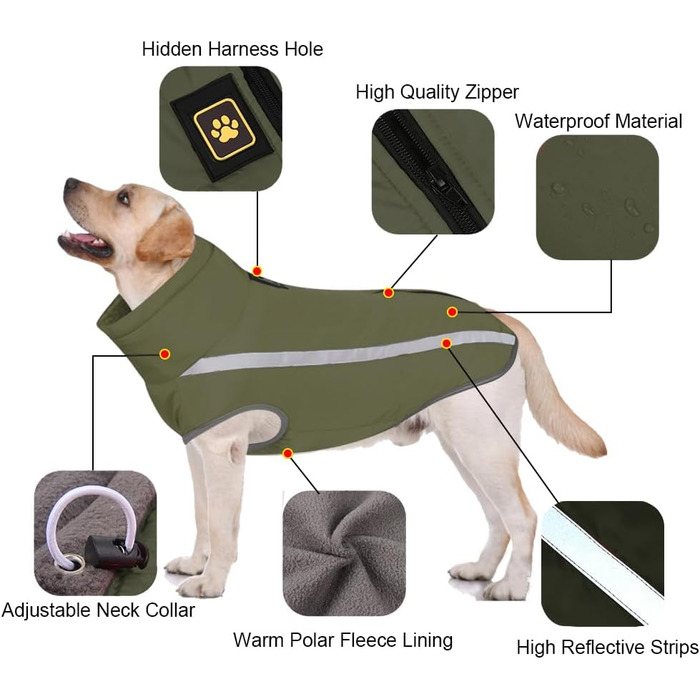 Водонепроникний зимовий теплий одяг для собак FeimaX: куртка з флісовою підкладкою, світловідбиваючі елементи, розмір XXL, оливковий