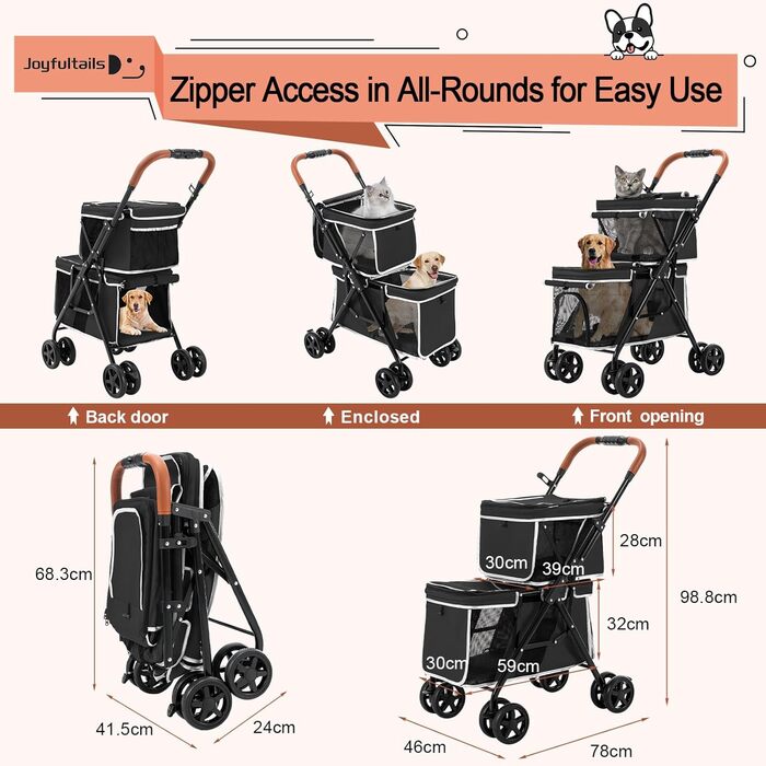 Візок для собак Joyfultails, складний, для маленьких собак та котів до 20 кг (чорний)