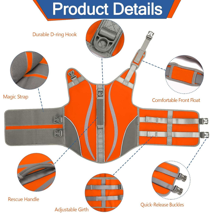 Надувна собача жилетка для плавання з ручкою та світловідбиваючими елементами, Orange (M)