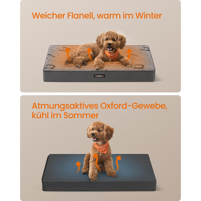 Ліжко для собак Feandrea, м'яке, знімний матрац, водовідштовхувальне, 76 x 51 x 8 см, розмір M, для маленьких та мініатюрних собак, сірий (PGW241G01 M)