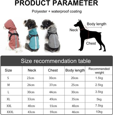 Дощовик для собак PETCUTE: водонепроникний, з отвором для шлейки, для маленьких, середніх та великих собак, з світловідбиваючими смугами, регульована капюшон, 3XL, Рожевий