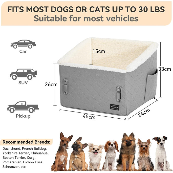 Автокрісло для собак PETFIT, 12.5 см, сіре, до 12 кг