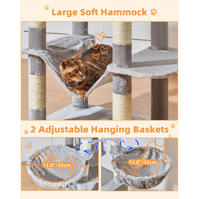 Котячий комплекс Taoqimiao MS044W, 190 см, сірий: багатоярусна котяча вежа з 2 будиночками, гамаком, 8 стовпчиками для дряпання та 2 підвісними кошиками