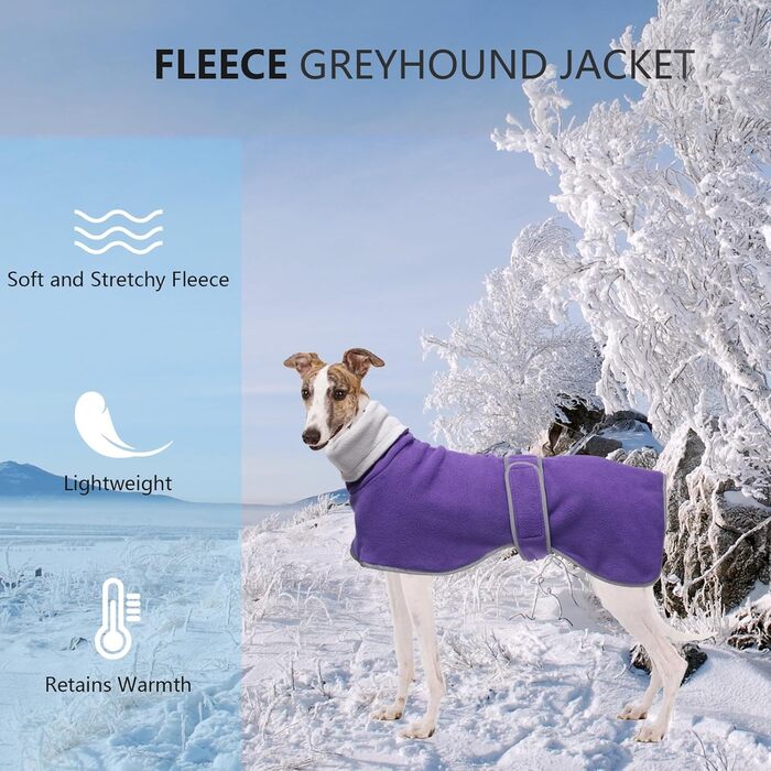Флісовий теплий пуловер для породистих собак (Грейхаунд, Віппет, Лурчер) - тепла куртка з коміром, регульована, для зими, розмір L (довжина спини 61-64 см), колір: фіолетовий