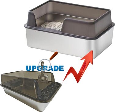 Кунву Лоток для котів з нержавіючої сталі, 50,8 x 35,6 x 20,3 см, з кришкою, легко чиститься, не вбирає запахи, напівзакритий лоток з міткою (Сірий Сантас, 50,8 x 35,6 x 20,3 см)