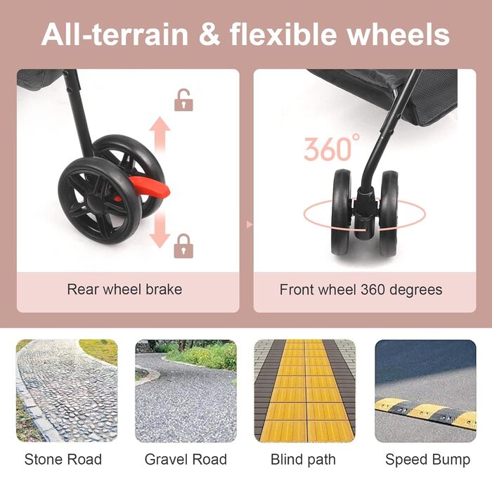 Складаний візок для тварин Tierwagen для собак та котів, легкий та компактний, знімний кошик, темно-персиковий/темно-сірий