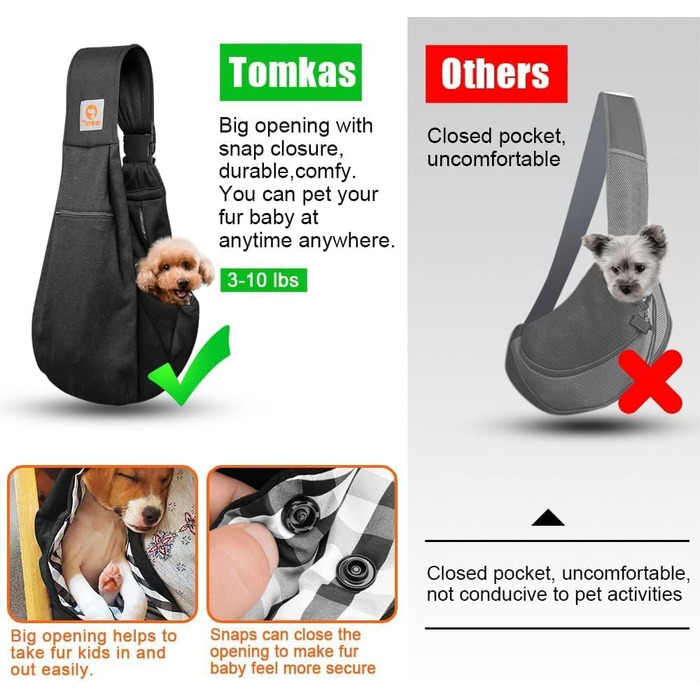 Сумка-переноска Tomkas для собак і котів, чорна, регульований ремінь, кишеня на блискавці, застібка, для малих порід