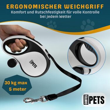 Висувна поводок для собак CORTESPETS® 5м для малих та великих собак до 50 кг - якісний рулонний поводок, висувна та гнучка пов'язка з зручною ручкою (Білий, M | 5м | до 30кг)