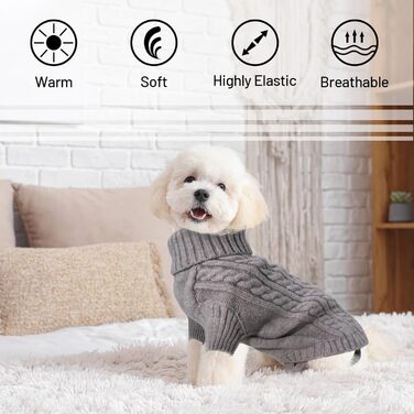 Теплий пуловер для собак середнього розміру з отвором для шлейки та петлями на ніжках, вязаний ролкраг. Підходить для Французького бульдога, Такси. Колір сірий, розмір L (Обхват грудей 54 см, довжина спини 40 см)