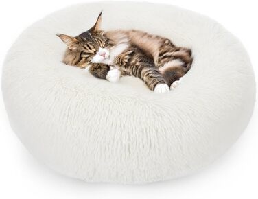 Ліжко для собак і котів ALLSOPETS, м'яке плюшеве, кругле, антистрес, зі знімним чохлом, несковзка основа, біле, 60 см – для малих і середніх порід