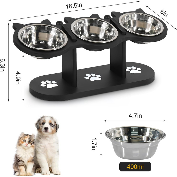 Набір мисок для котів 3 в 1: годівниця, поїлка, підставка. З нержавіючої сталі, з дерев'яною підставкою. Підходить для котів та маленьких собак.