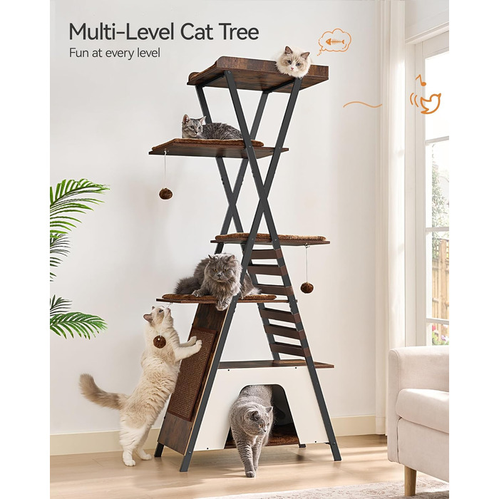 Котячий дім FourFurPets 184 см, багаторівневий дерев'яний котячий комплекс з когтеточкою та будиночками, сучасний котячий тур для дому, великий майданчик, коричневий рустикальний стиль