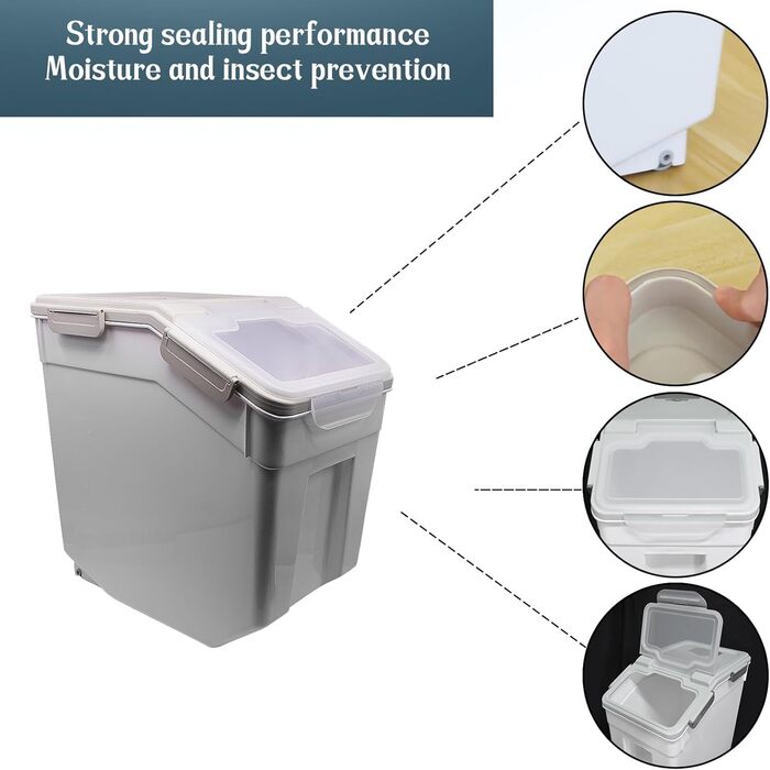 Контейнер для зберігання корму для собак AnRui, 13.6 кг, сірий, з герметичним кришкою, для корму котів, мюслі, зерна, борошна