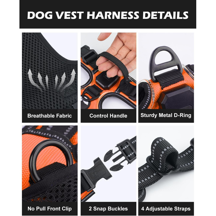 Світловідбиваючий нашийник для собак Joytale з LED, для середніх та великих собак, без натягування, з ручкою, регульований, для нічних прогулянок, зелений/помаранчевий, M/XL