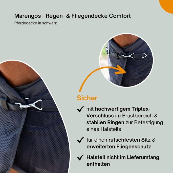 Водонепроникна сітчаста попона Marengos Comfort для коней, з хрестовими ременями, потрійною застібкою, кільцями для шийної частини, міцна, чорна, 125 см