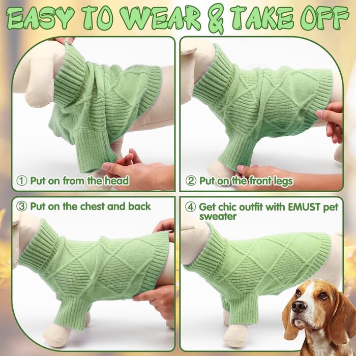 Пуловер для собак EMUST великих порід, еластичний, з рукавами, теплий роллік для осені та зими, зелений XL