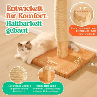 Преміум кігтеточка для котів 89 см - з натурального березового дерева, сизалевого мотузка, дерев'яної основи з березовим шпону, ідеальна для великих котів, безкоштовний запасний мотузок