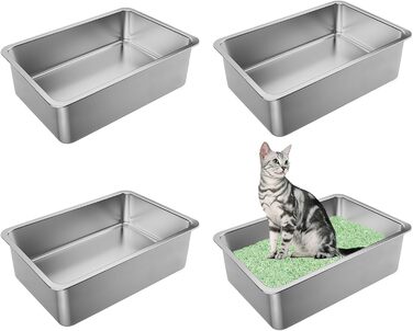 Великий лоток для котів з нержавіючої сталі 50x35x15 см, набір 4 шт, XXL котяча туалетна коробка, антипригарна поверхня, легке очищення, без запаху