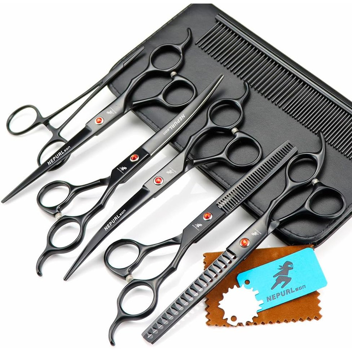 Набір професійних ножиць для грумінгу тварин - прецизійний зріз, ножиці для розрідження та прямі/вигнуті ножиці для собак та котів - 6 предметів (Schwarz)