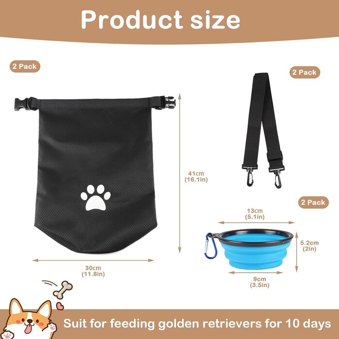 Сумка для подорожей з собакою, 2 шт., 4.98 кг, контейнер для корму з розкладними мисками, не протікає, для поїздок на авто, кемпінгу, екскурсій (Блакитний)