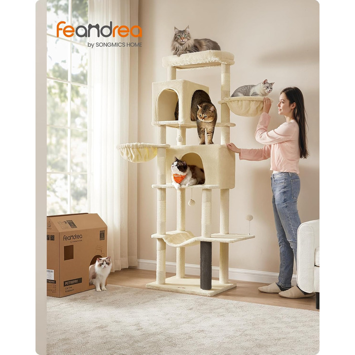 Котячий дім Feandrea XXL 190 см, багаторівневий, 2 будиночки, 2 лежаки, 5 стовпчиків для дряпання, котяча щітка, велика платформа, колір пісочний
