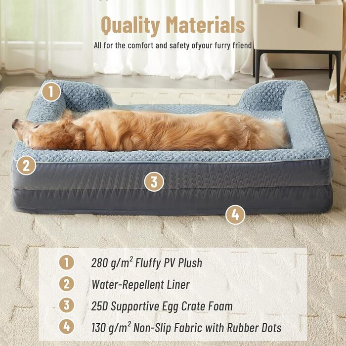 Ортопедичне ліжко для собак з піною з пам'яті, знімний та пральний чохол, подушка-гніздо, неслизьке підстилка та водонепроникний вкладиш. Ліжко для собак з високим бортиком (XL 107*76 см)