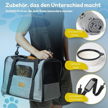 TREKAM Транспортний бокс для котів та маленьких собак з мискою, ковдрою, ременем на плече та м'якою підкладкою - для автомобіля та літака