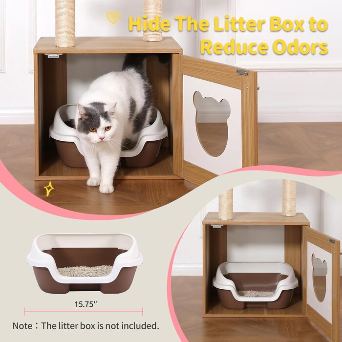 Made4Pets Котячий комплекс з туалетом, 2-в-1 сучасний котячий будиночок для кімнатних котів, 123,4 см, дерев'яний кондо з дряпаком, гамаком і знімною килимкою для великих котів