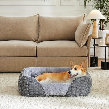 Велике собаче ліжко з неслизьким дном, зручний кошик з корду, софа для собак, з піднятим бортиком, для лабрадорів та німецьких вівчарок, 89x64x23 см (64 x 53 x 20 см, сірий)