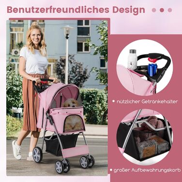 Візок для собак та котів COSTWAY, до 15 кг, рожевий, з сітчастими віконцями, тримачем для напоїв, кошиком та сонцезахистом