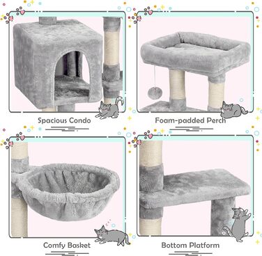 Кігтеточка для котів Yaheetech, 96 см, з корзиною-будиночком та сизалевим покриттям, кліматична колона, сірий колір
