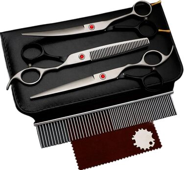 Набір професійних ножиць для собак та котів 4-в-1, з витончувальними ножицями, гребінцем, з нержавіючої сталі 440C