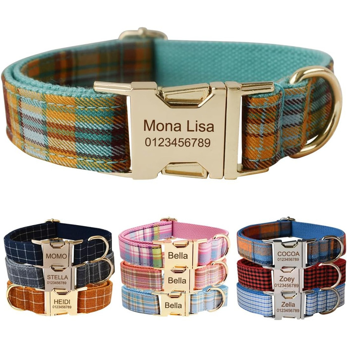 Іменний нашийник для собак з металевою застібкою: персоналізовані нашийники з гравіюванням імені, телефону та адреси, в клітинку