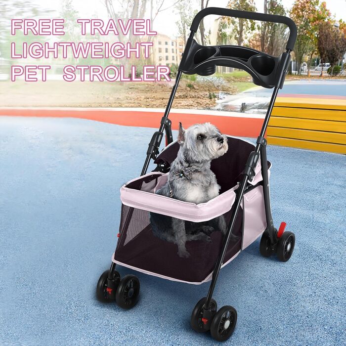 Візок для собак і котів до 10 кг, складний - рожевий. Зручний візок для тварин з регульованим дахом, сіткою та гальмом