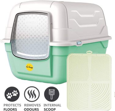 Лотки для котів Cat Centre з кришкою, з дверцятами, з лопаткою та вугільним фільтром, великі, 52 x 40 x 40 см, зелений + кремовий мат