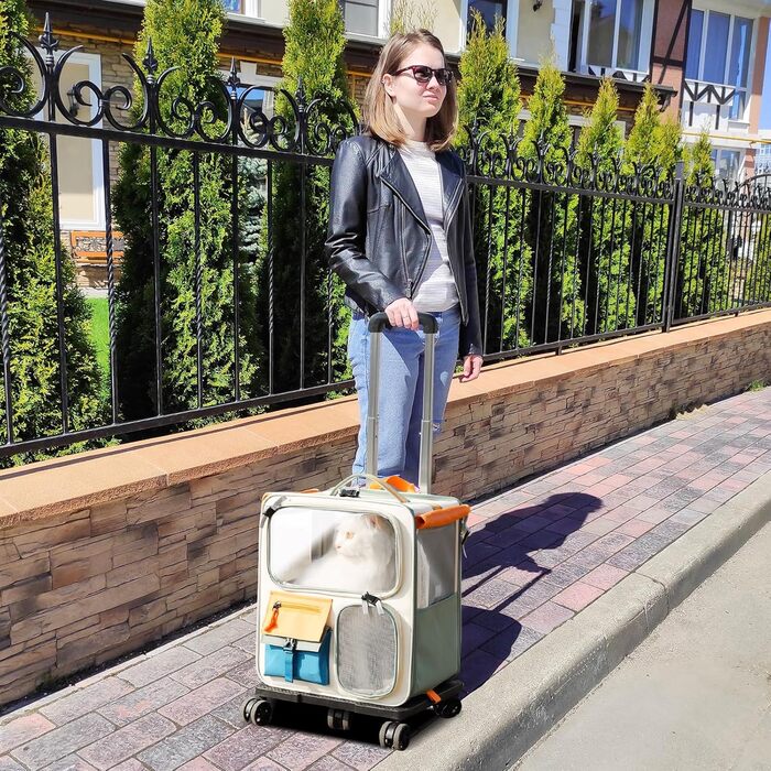 PETCUTE Рюкзак для собак з візком, 2-в-1, рюкзак для котів великих порід з колесами, дихаючий рюкзак-переноска для собак з вийманим килимком, складаний рюкзак для тварин для цуценят Бежевий+Зелений