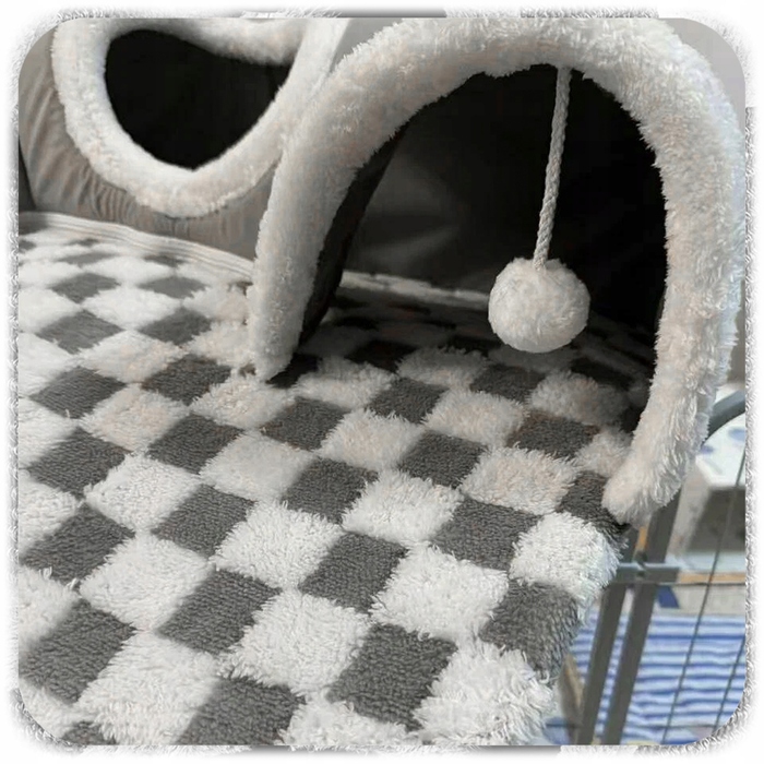 Плюшеве ліжко-шахівниця для котів з тунелем 2в1, сіре, розмір XL 86x70x26 см