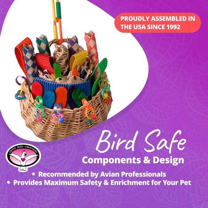 Super Bird Creations SB669 Плетений кошик для папуг середнього розміру, іграшка для кільчастих, конур, квакерів, кайків, піонусів, сенегалів, різнокольорова з хрусткими текстурами, 25,4 x 10,2 x 12,7 см