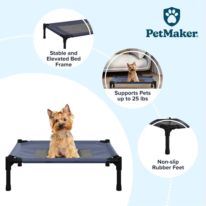 Підняте ліжко для собак Petmaker 24,5x18,5 см, портативне, з нековзкими ніжками, для приміщення та вулиці, для собак і цуценят до 11,3 кг, синє