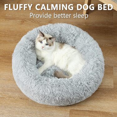Заспокійливе ліжко-пончик для собак та котів середнього розміру, з ковдрою, сірого кольору. Легко миється, м'яке, пухнасте, діаметр 61 см, ковдра 71x23 см. Розміри: 60x60x17 см