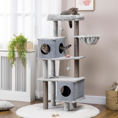 PawHut Cat Tree 142 см Котяче дерево з печерами та платформами, Сизалева колона, іграшка, захист від нахилу, сірий для активних котів