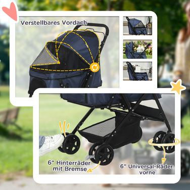 PawHut Pet Buggy Cat Buggy Oxford Blue 76.5x52x95см для маленьких собак і кішок, складний і легкий